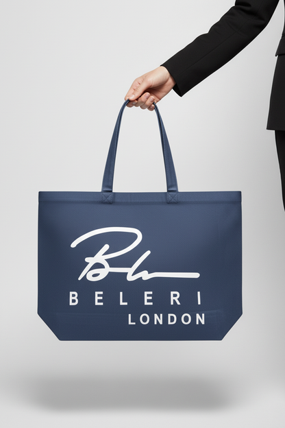 Indigo blue Beleri London tote bag with white logo and double handles