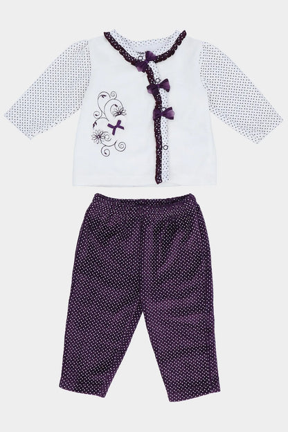 Baby top and pants set with dark purple bow trim and dotted purple trousers