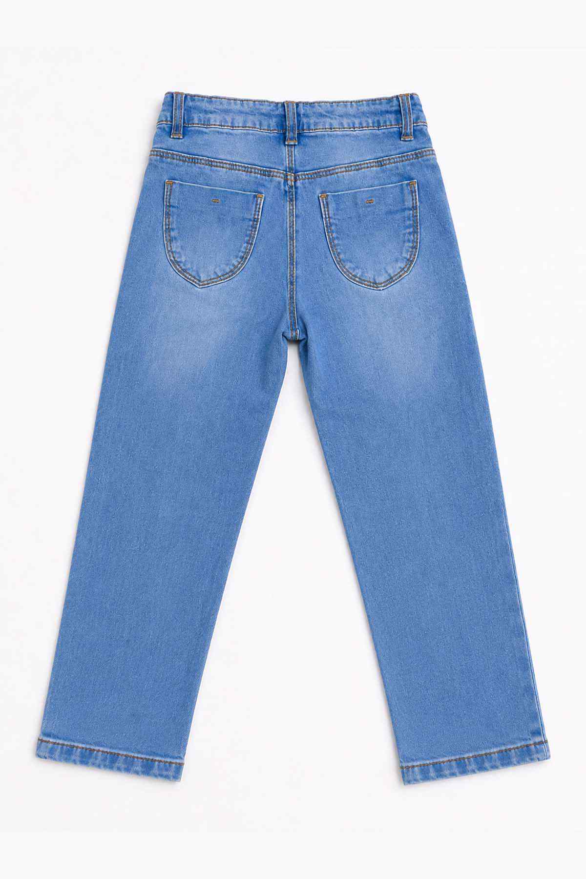 Blue denim jeans close-up: back yoke, patch pockets, and belt-loop waistband