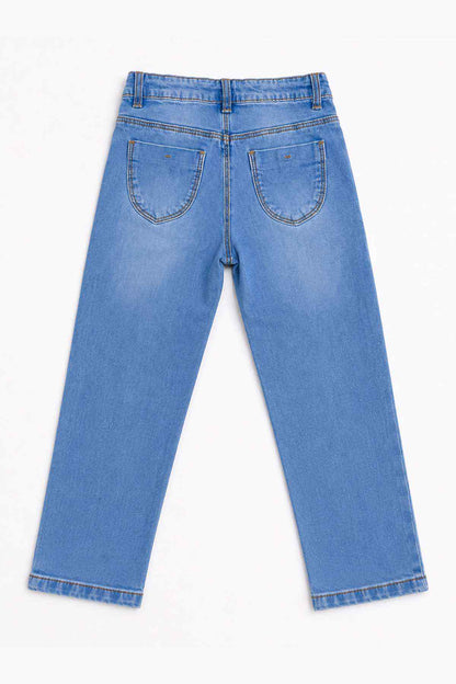 Blue denim jeans close-up: back yoke, patch pockets, and belt-loop waistband