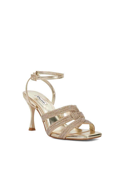 Gold rhinestone strappy heeled sandals with ankle strap and square toe
