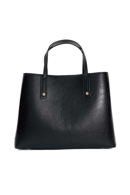Black leather tote bag with structured square base and short top handles