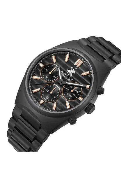 BHPC black wristwatch, side angle, black dial with rose-gold hands and subdials