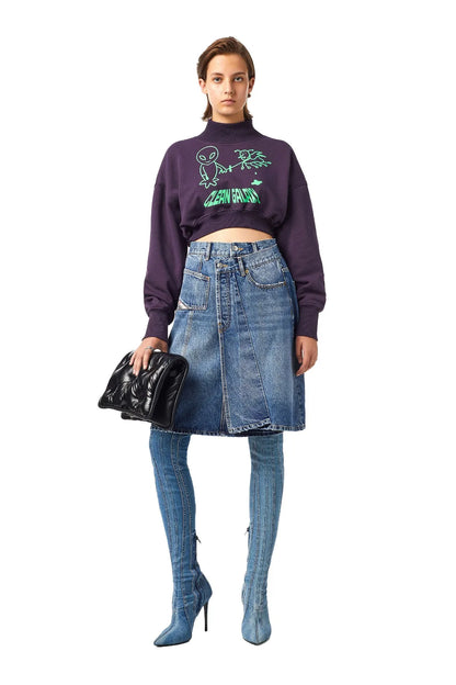 Diesel purple cropped sweatshirt with green alien 'CLEAN GALAXY' graphic, long sleeves