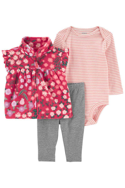 Baby clothing set: floral zip jacket, striped long-sleeve bodysuit, and gray pants