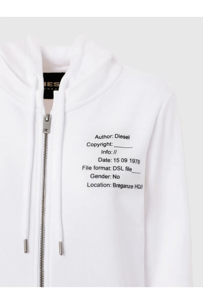 White zip hoodie front with logo-lined hood and chest text near zipper