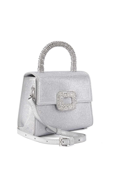 Silver mini handbag with flap closure, crystal buckle, and detachable shoulder strap