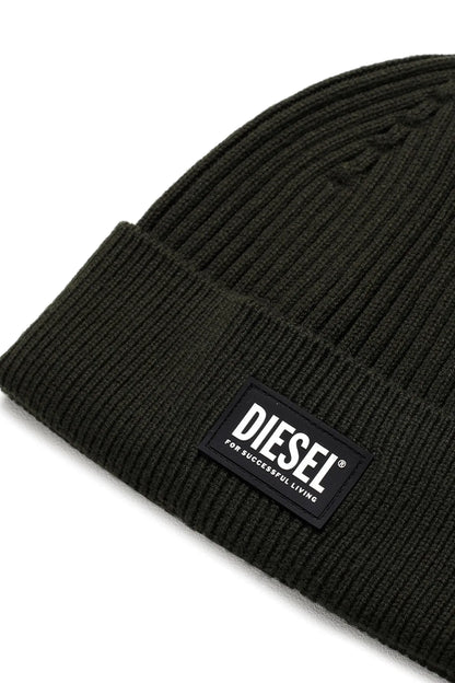 Diesel dark green beanie knit cuff with rectangular logo label