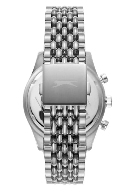 Slazenger silver-tone chronograph wristwatch, close side view with textured bracelet links