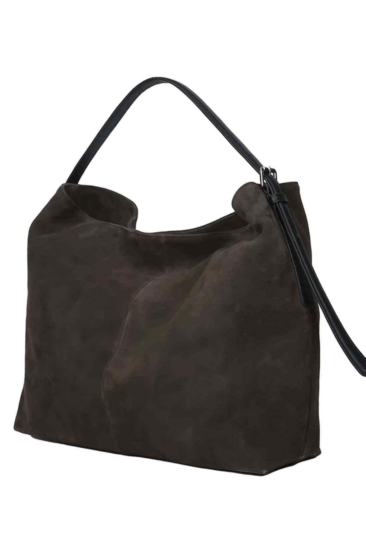 Bitter chocolate suede-look hobo bag with wide opening and long shoulder strap