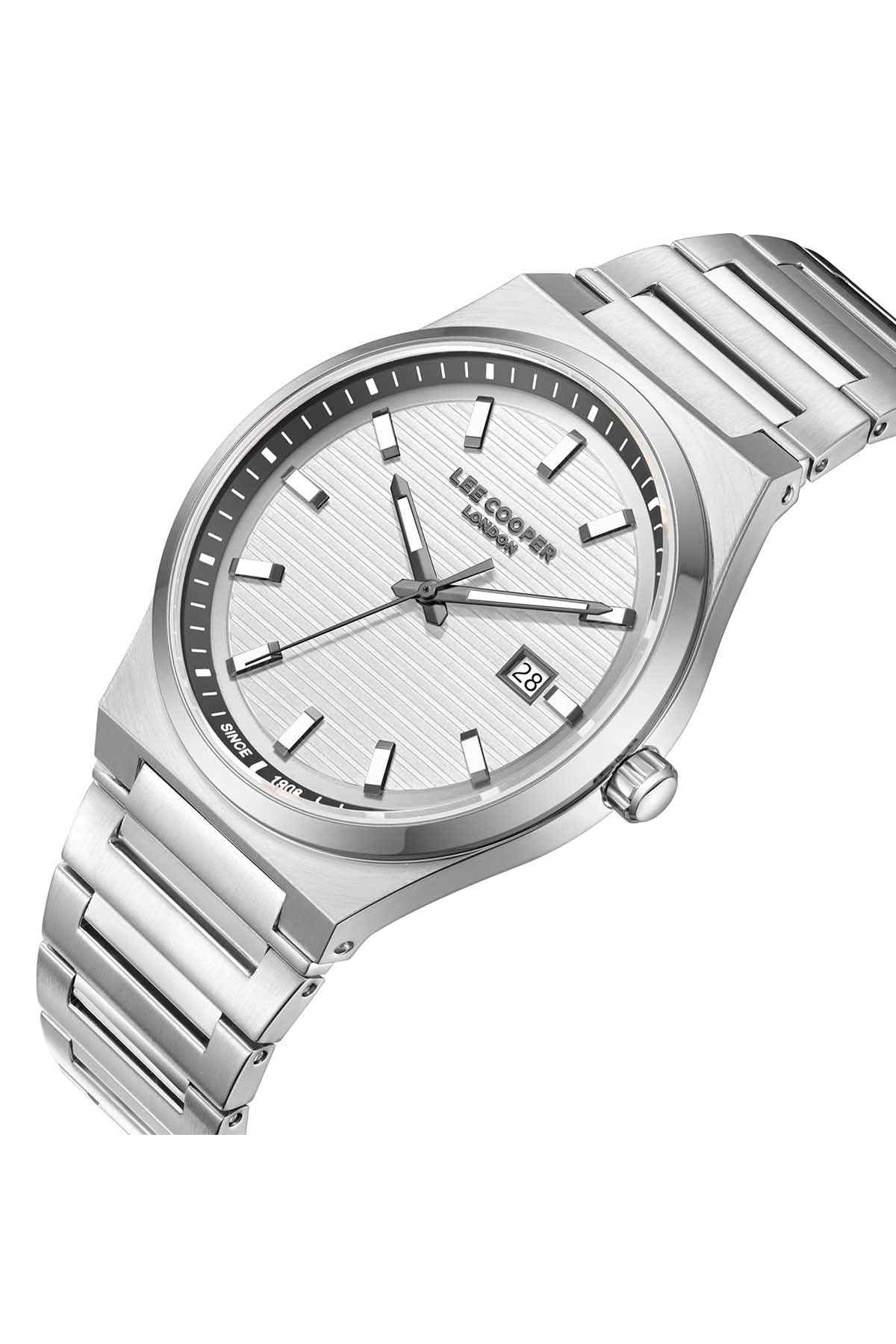 Silver-tone wristwatch with three hands, hour markers, and metal link bracelet