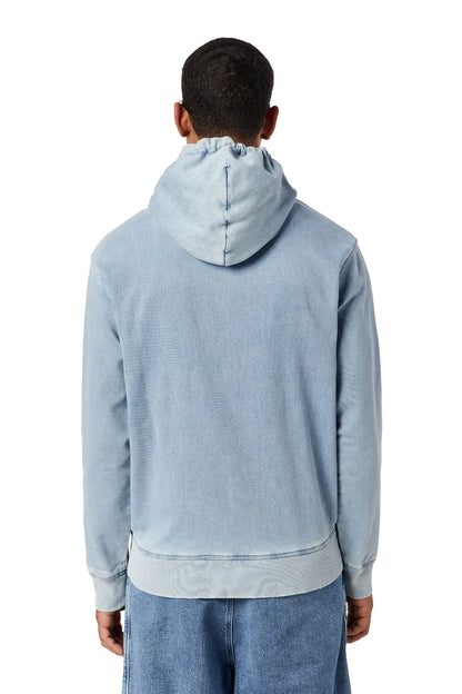 Light blue zip-up hoodie with hood, back yoke seams, and full back view