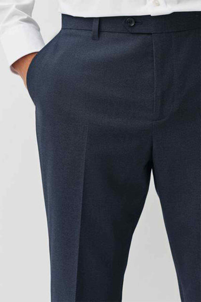 Navy suit trousers close-up of front panel and buttoned fly