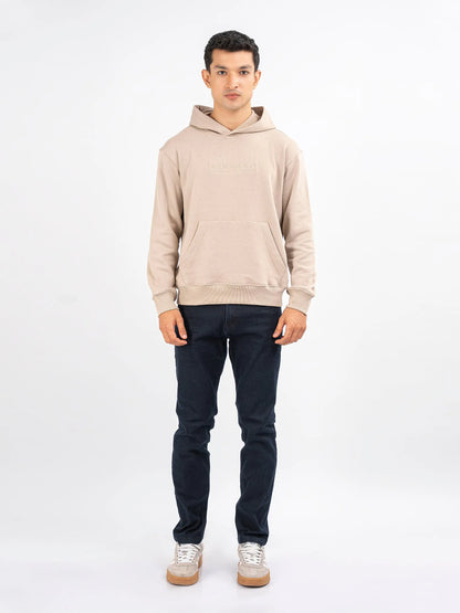 Beige hooded sweatshirt with kangaroo pocket, rib-knit cuffs and hem