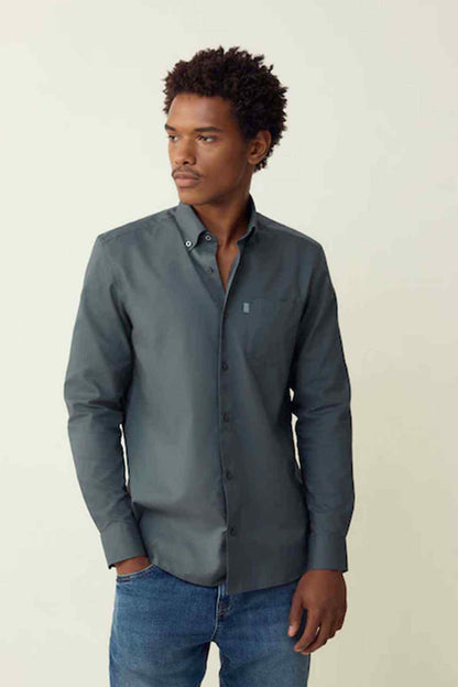 Men's petrol blue button-up shirt with button placket and chest pocket