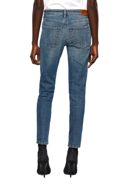 Light blue denim jeans back view with belt loops and back pockets