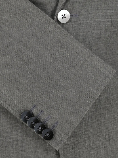 Gray blazer cuff close-up with four-button sleeve and stitched edge