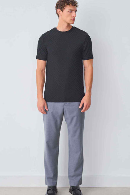 NEXT black crew-neck short-sleeve T-shirt with subtle geometric pattern