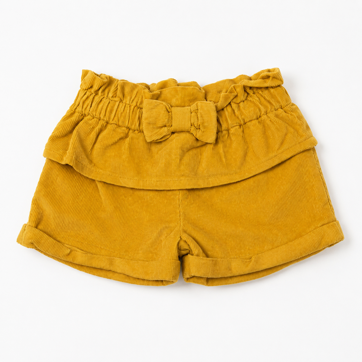 Yellow baby shorts with elastic waistband and bow, pleated ruffle overlay