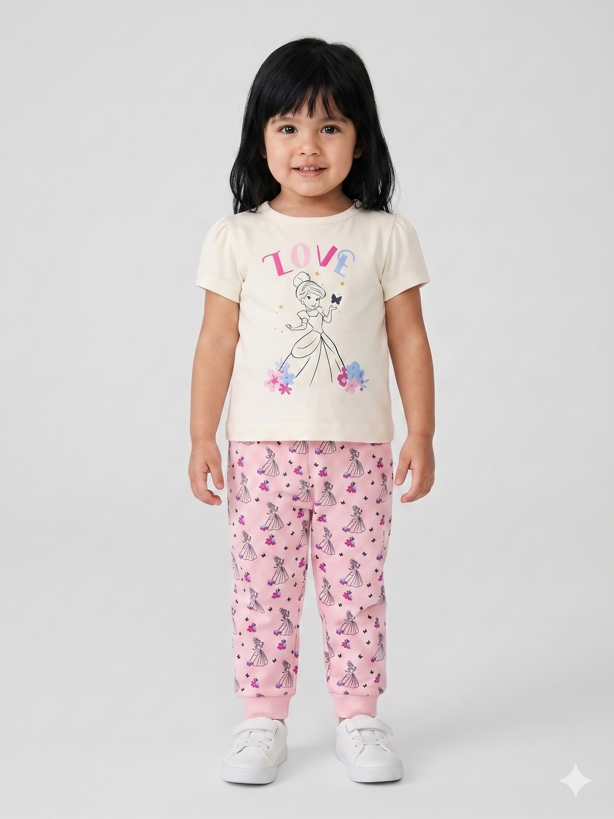 Toddler pajama set: cream T-shirt and pink ballerina print pants
