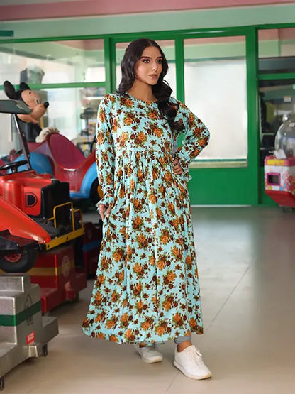 Floral maxi dress with long sleeves and gathered waist; teal and orange floral