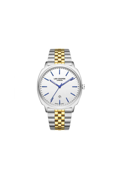Lee Cooper two-tone watch with blue dial, gold accents, steel bracelet.