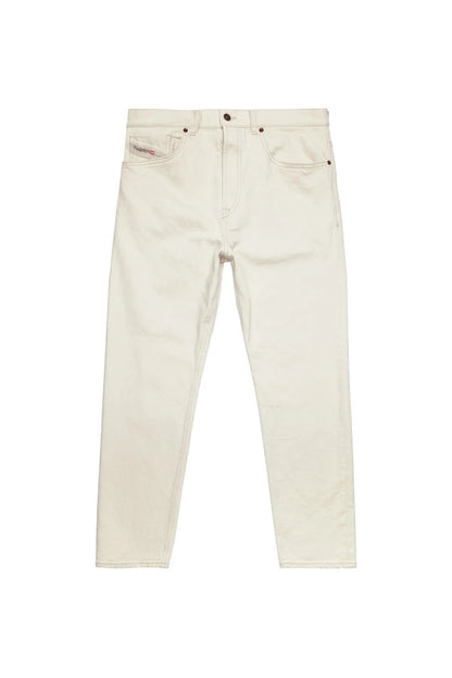 Diesel white denim jeans, flat lay back view with belt loops and rear pocket detail