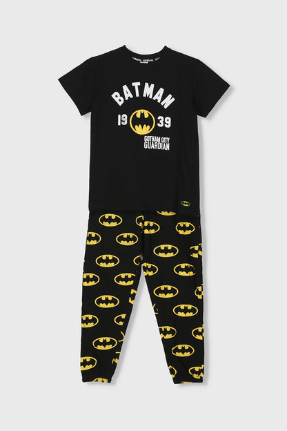 Batman pajama set: black short-sleeve tee with chest print and matching lounge pants.