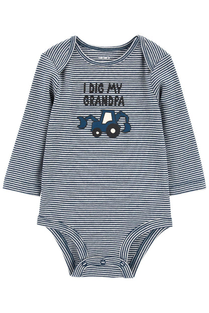 Carter's blue striped long-sleeve baby bodysuit with tractor graphic