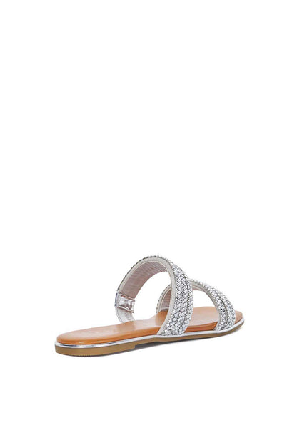 Silver rhinestone slide sandal, open toe, two wide straps across foot, flat sole