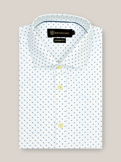 Brumano men's white cotton dress shirt, blue dot print, button-down collar