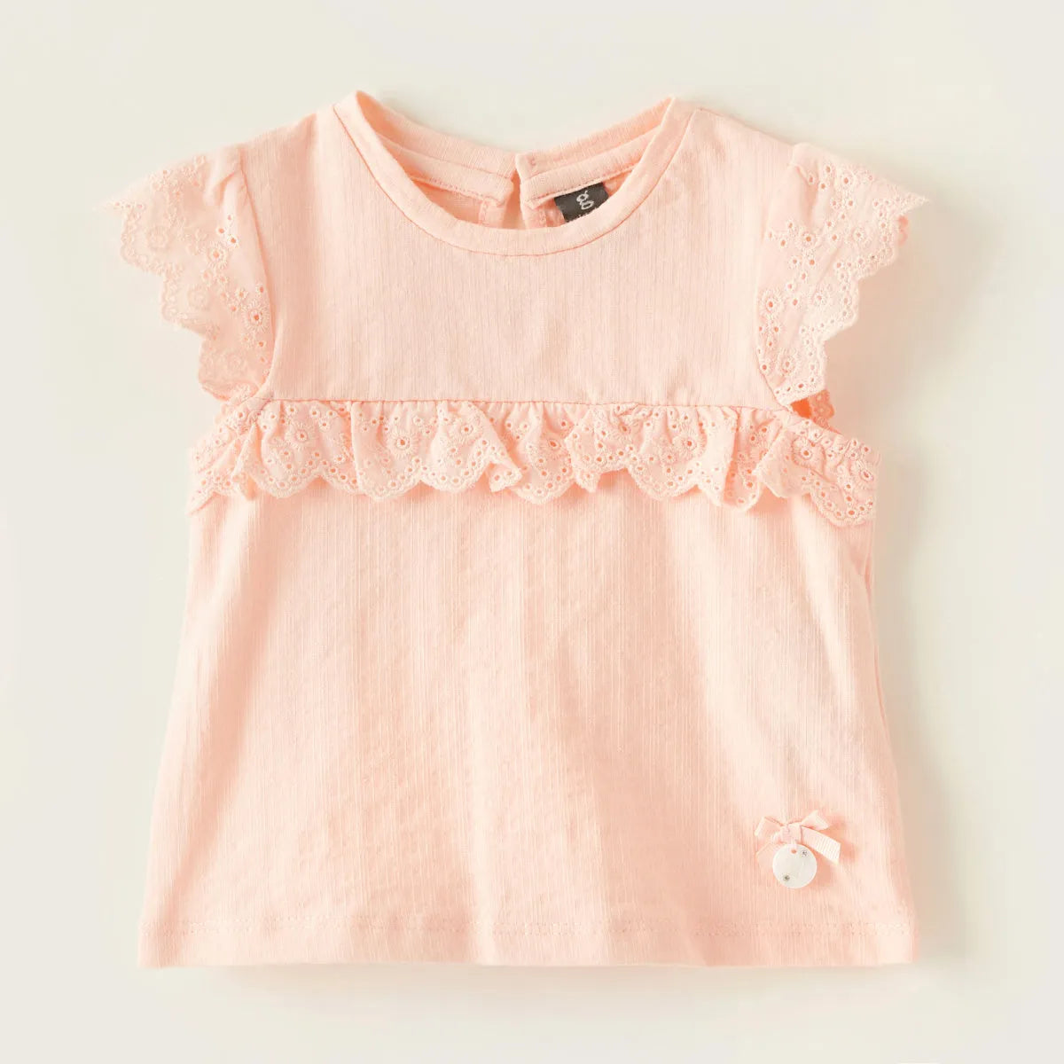 BABYSHOP pink baby top with lace ruffle sleeves and scalloped hem
