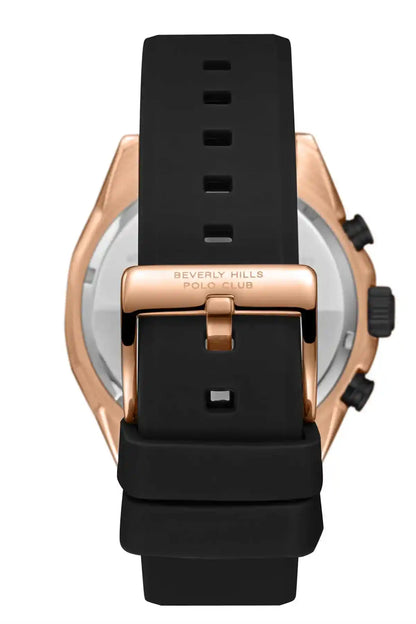 BHPC black silicone watch with rose-gold case, black dial, and numbered bezel