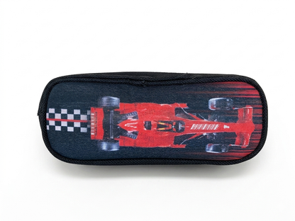 Navy pencil case with red racing scene graphic and checkered flag details