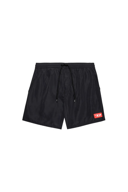 Black drawstring swim shorts with side logo patch