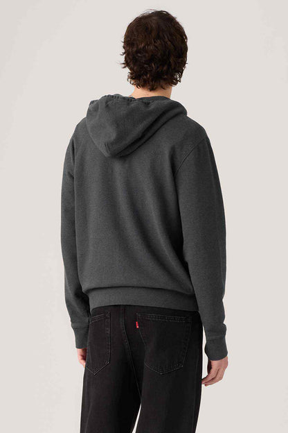 Charcoal zip-up hoodie back view with hood and ribbed hem cuffs
