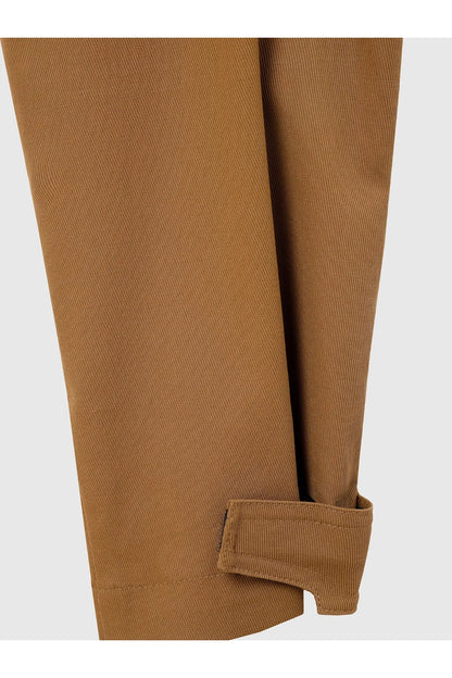 Brown cargo pants with cuffed leg and side pocket detail