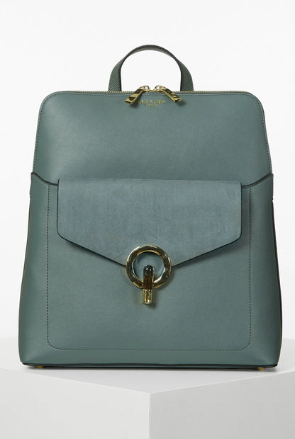Green Luella Grey Pakistan backpack with front flap, top handle, and gold-ring clasp