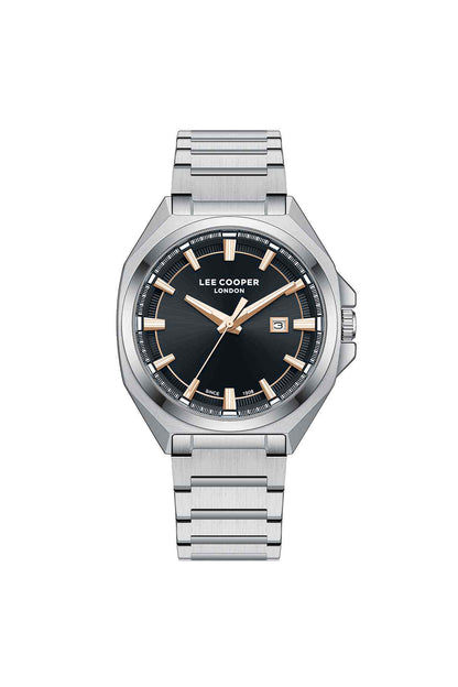 Lee Cooper men's wristwatch, silver metal bracelet, black dial, gold hands