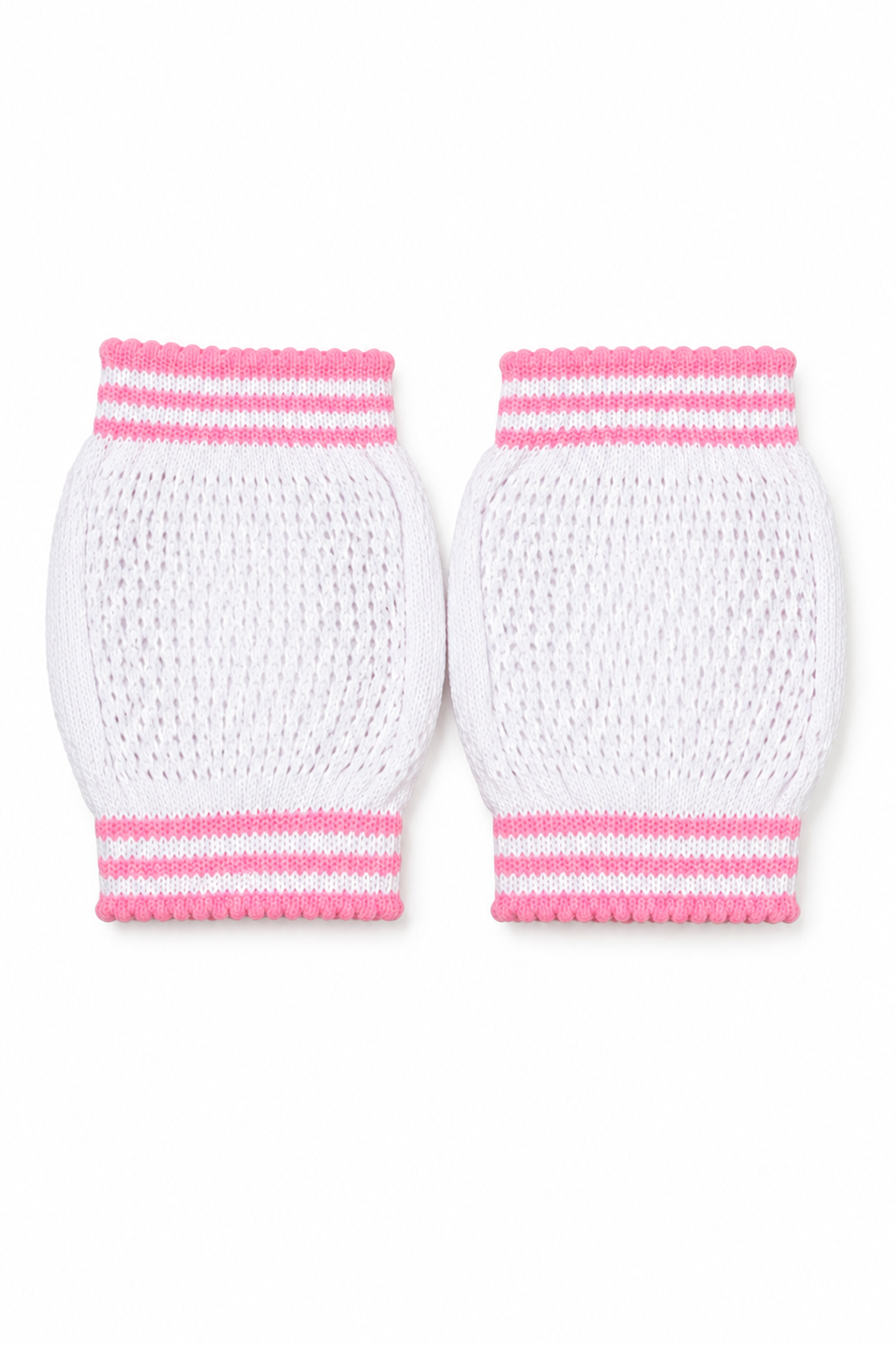 BABYSHOP baby socks, rear view, white knit with pink ribbed cuffs and stripe bands