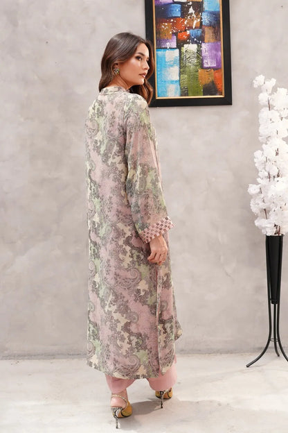 Velour paisley print long dress from back, seam accents and long sleeves