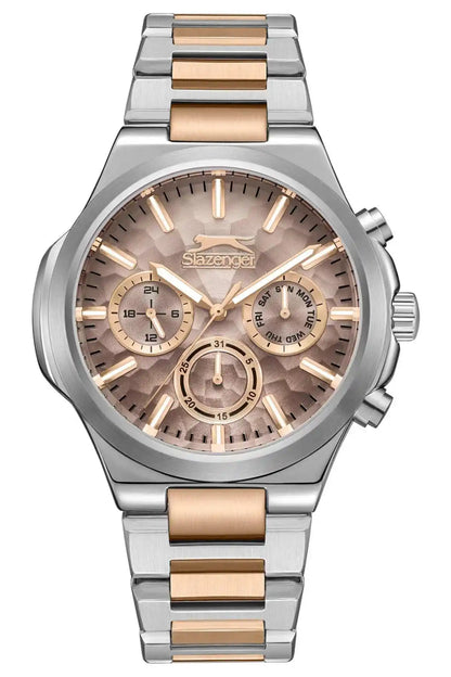 Silver-tone chronograph-style watch with gold-beige dial, three subdials, metal strap