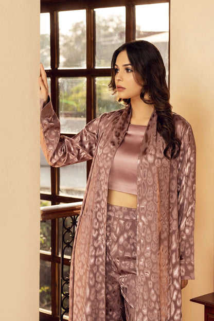 Lilac velour robe detail view with open collar, long sleeves, animal-print pattern.
