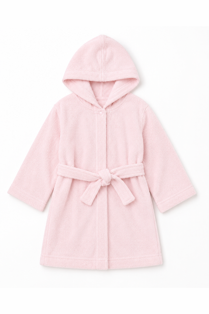 Pink hooded baby robe with tie belt and long sleeves