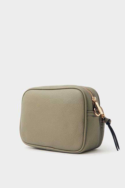 Khaki textured crossbody bag with gold-tone zip and side strap loop