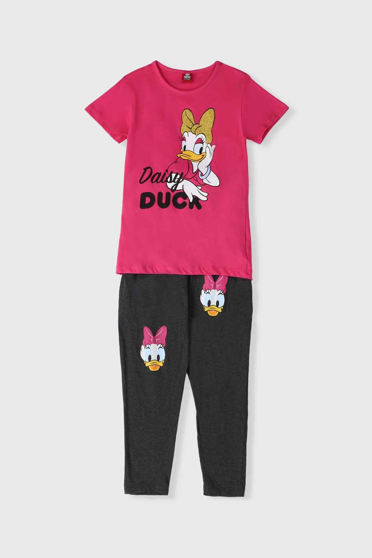 Pink short-sleeve T-shirt with cartoon print and dark gray jogger pants set