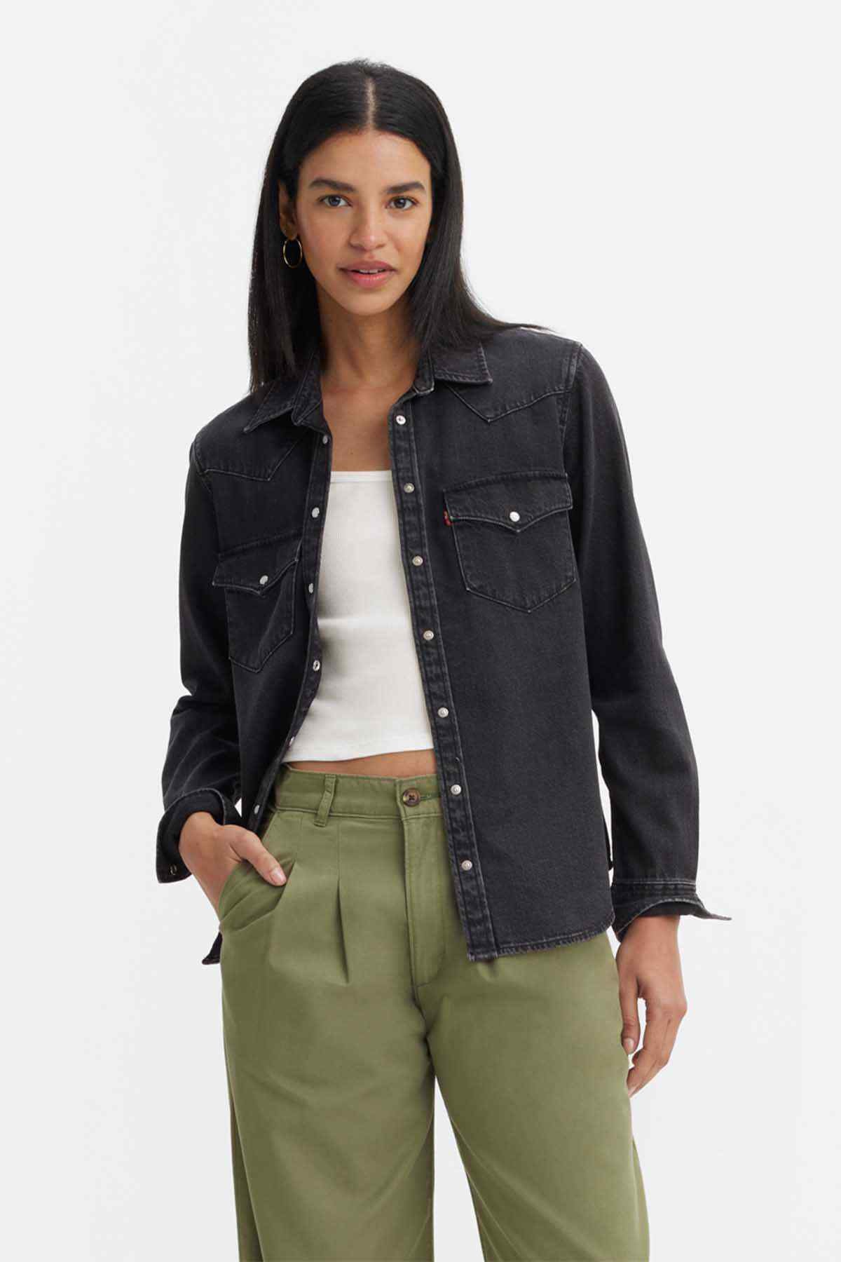 Levi's black denim button-up shirt with chest pockets and long sleeves