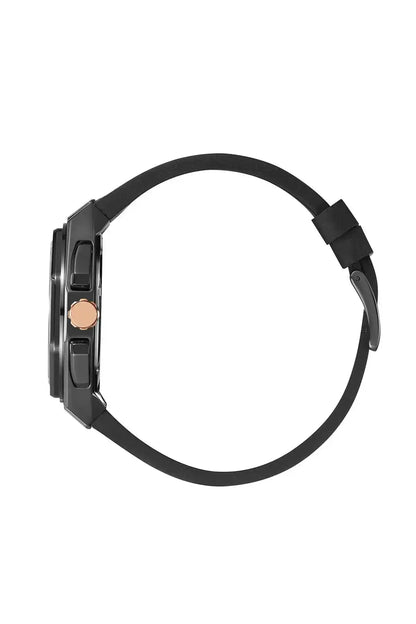 Chronograph watch profile with black case and camel woven fabric strap