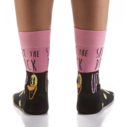 Pair of crew socks with pink upper text and black base with small duck icons