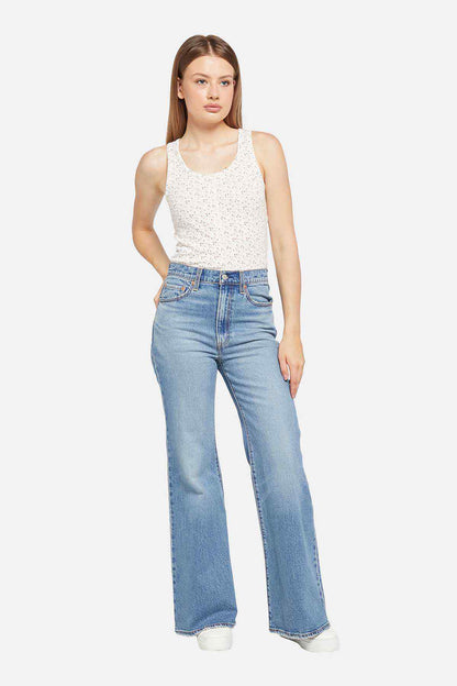 Levi's medium indigo wide-leg jeans with button-fly and front pockets